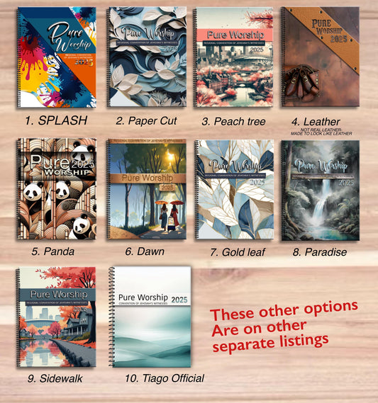 JW notebook . 2025 Regional Convention. “PURE WORSHIP ” program block ready notebook. 8.5 x 11 standard. Multiple designs #4. Leather