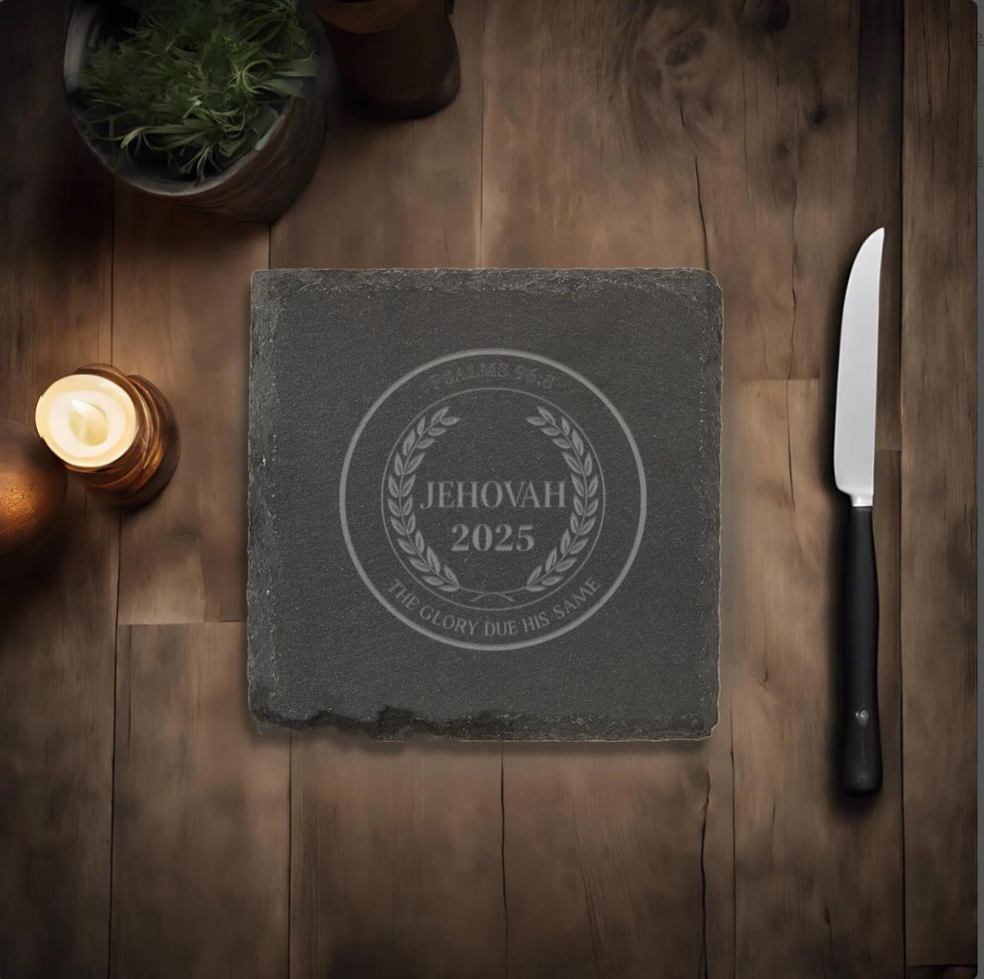 JW “2025 year text” edition Stone Slate Coasters. 4” set of 4. JW Gifts. Engraved slate stone coasters “Give Jehovah the glory due his name”