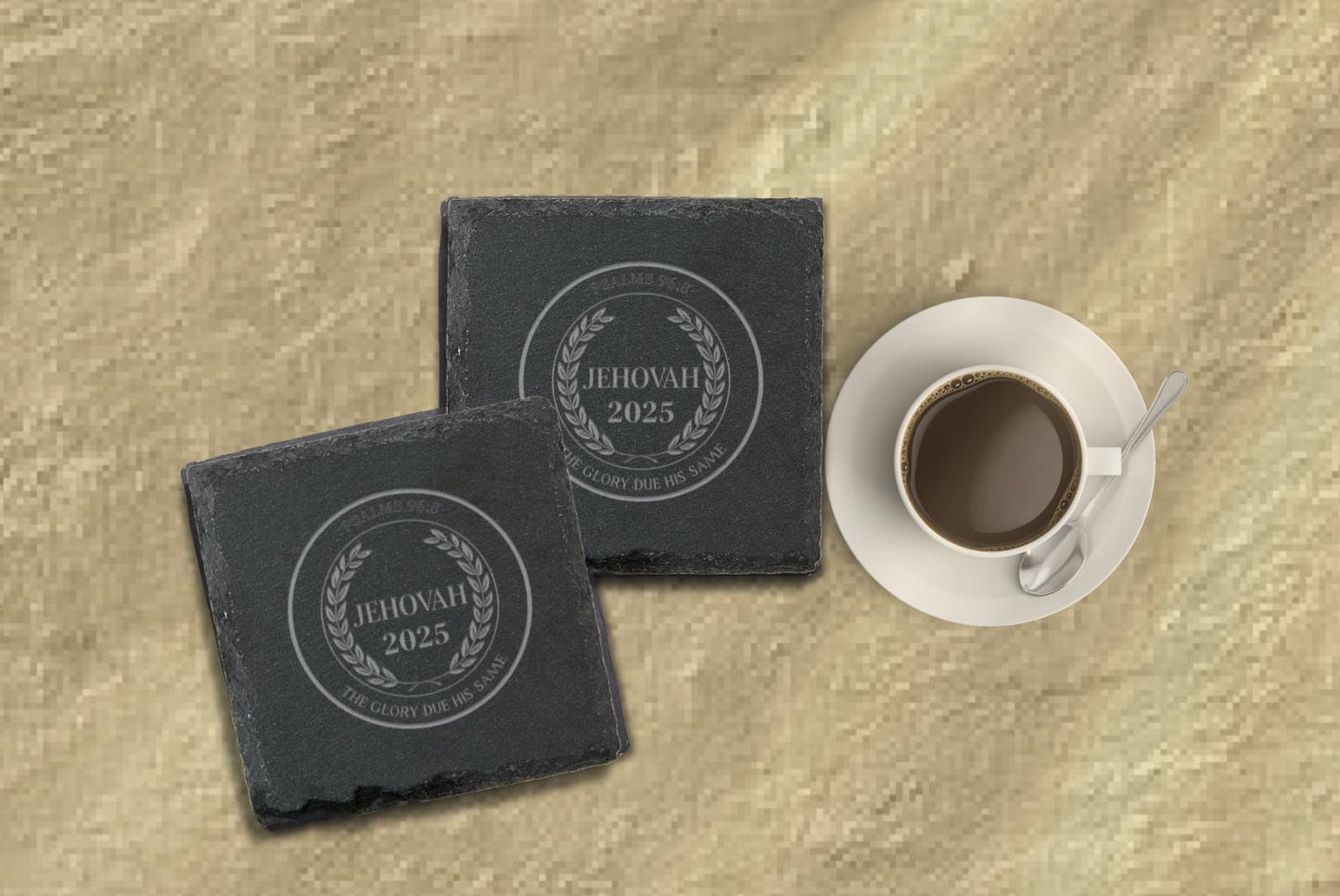 JW “2025 year text” edition Stone Slate Coasters. 4” set of 4. JW Gifts. Engraved slate stone coasters “Give Jehovah the glory due his name”