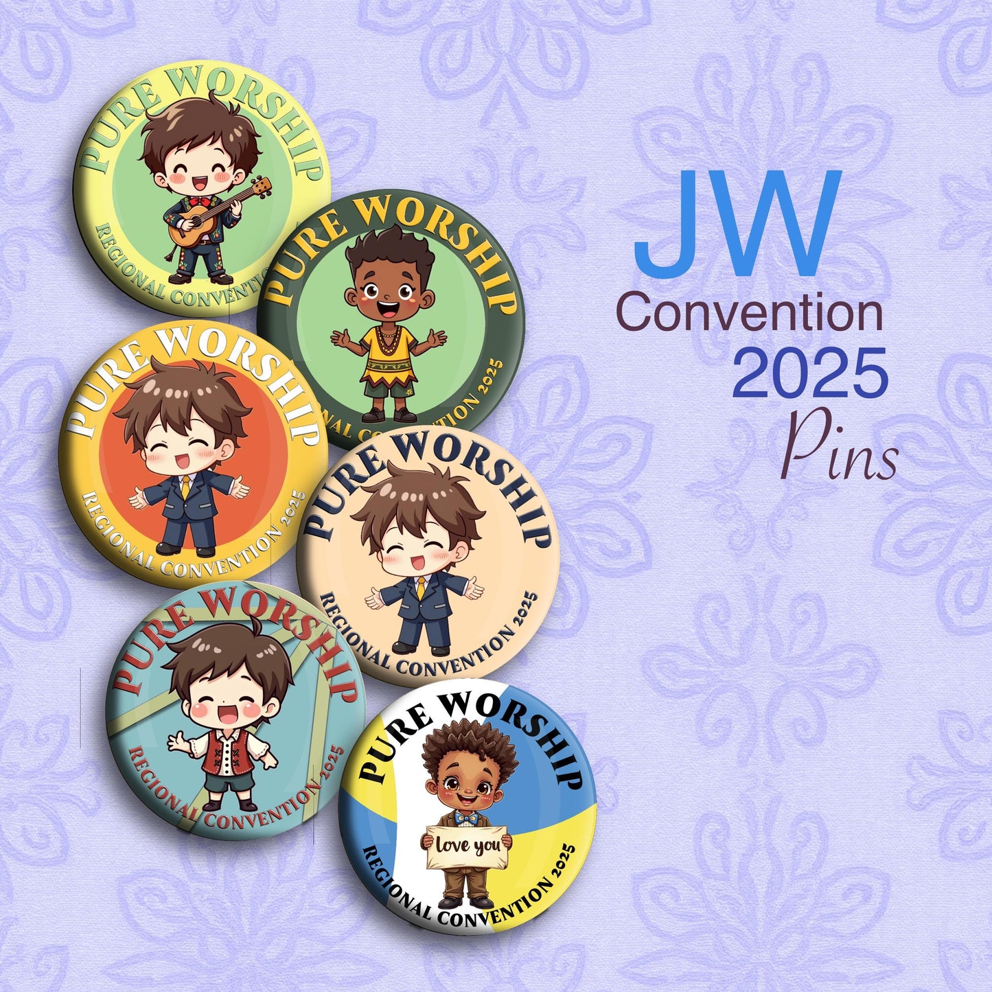 JW Regional Convention 2025 “PURE WIRSHIP”. 1.5” jw.org buttons pins #kids Girls and boys (6 pins per pack.)