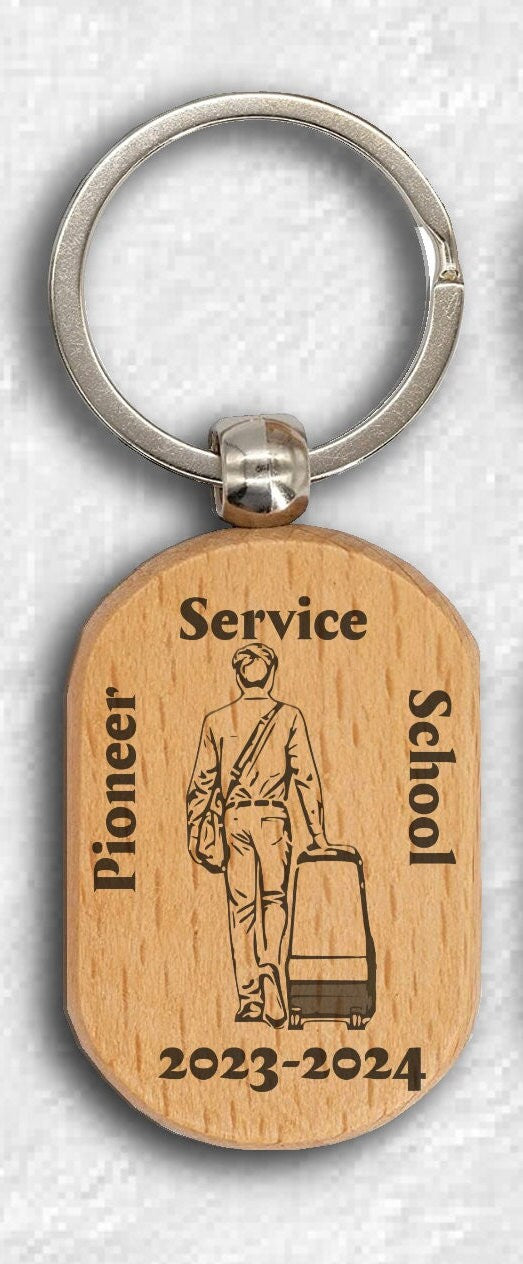 JW “Pioneer School Service” wood keychain oval. 2023 - 2024