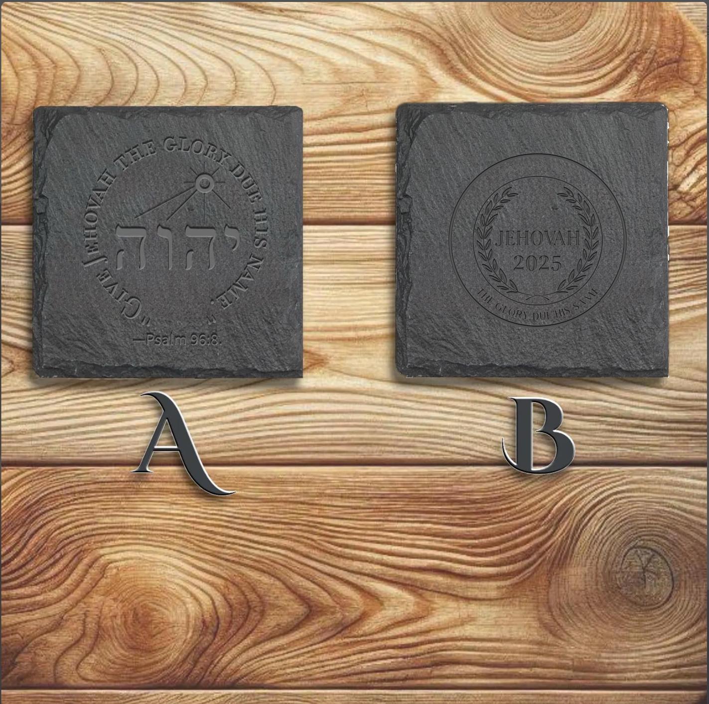 JW “2025 year text” edition Stone Slate Coasters. 4” set of 4. JW Gifts. Engraved slate stone coasters “Give Jehovah the glory due his name”