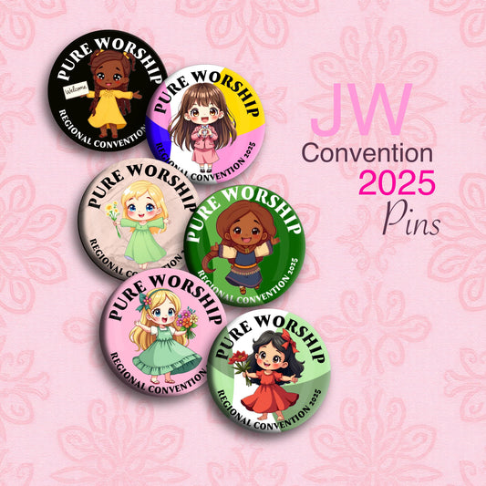 JW Regional Convention 2025 “PURE WIRSHIP”. 1.5” jw.org buttons pins #kids Girls and boys (6 pins per pack.)