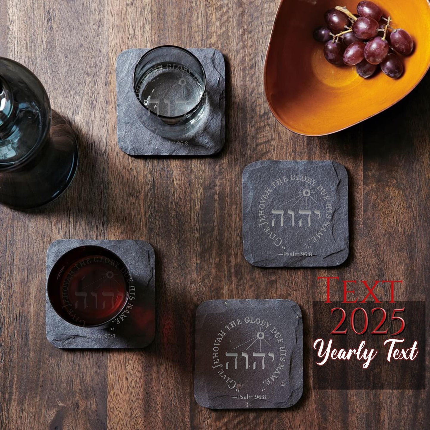 JW “2025 year text” edition Stone Slate Coasters. 4” set of 4. JW Gifts. Engraved slate stone coasters “Give Jehovah the glory due his name”