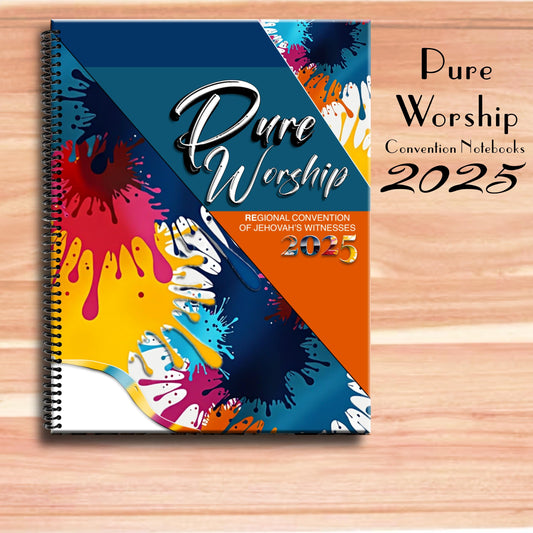 JW notebook . 2025 Regional Convention.  “PURE WORSHIP ” program block ready notebook. 8.5 x 11 standard. Multiple designs #1. Splash
