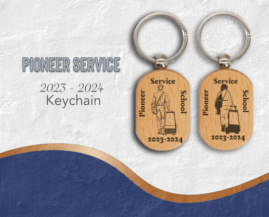 JW  “Pioneer School Service” wood keychain oval. 2023 - 2024
