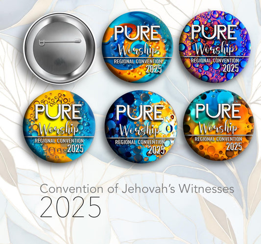 JW Regional Convention 2025 “PURE WIRSHIP”. 2.25” or 1.5” jw.org buttons pins #multiple pure colors. Pack of 5’s
