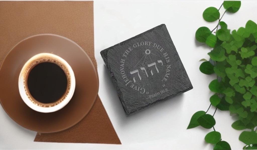 JW “2025 year text” edition Stone Slate Coasters. 4” set of 4. JW Gifts. Engraved slate stone coasters “Give Jehovah the glory due his name”
