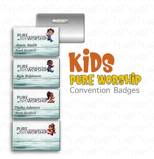JW.ORG 2025 Regional convention Name Tags -“Pure Worship”.  Aluminum 2 1/8”x 3 3/8”  personalized. kids Tiago version official
