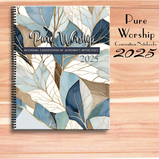 JW notebook . 2025 Regional Convention.”PURE WORSHIP ” program block ready notebook. 8.5 x 11 standard . Safe Coils. #7. Gold leaf