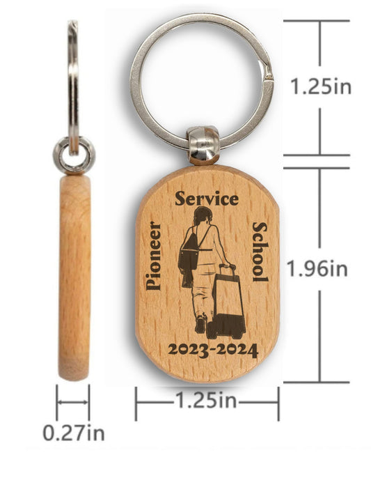 JW  “Pioneer School Service” wood keychain oval. 2023 - 2024