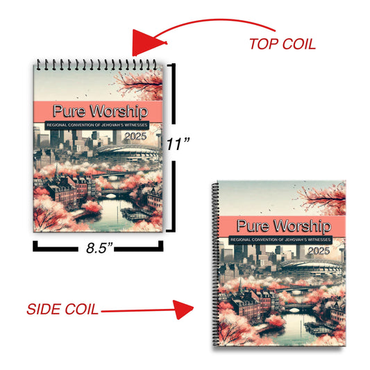 JW notebook . 2025 Regional Convention.”PURE WORSHIP ” program block ready notebook. 8.5 x 11 standard . Safe Coils. #2. Paper cut