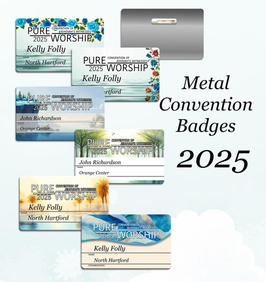 JW.ORG 2025 Regional convention Name Tags -“Pure Worship”.  Aluminum 2 1/8”x 3 3/8”  personalized. ADULTS Tiago version official