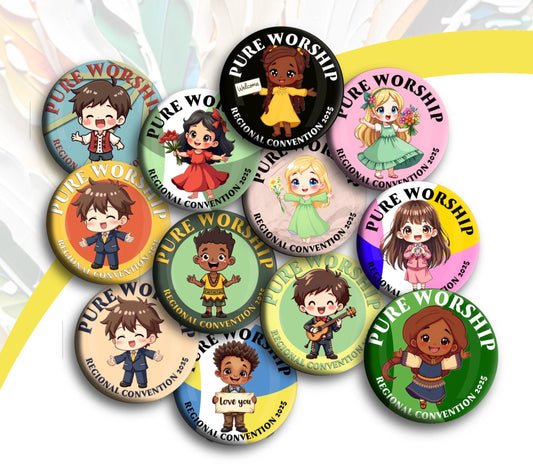 JW Regional Convention 2025 “PURE WIRSHIP”. 1.5” jw.org buttons pins #kids Girls and boys (6 pins per pack.)