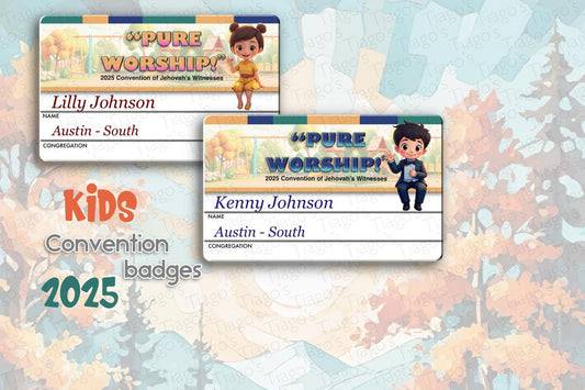 JW.ORG 2025 Regional convention Name Tags - Kids version. “Pure worship ”.  Aluminum 2 1/8”x 3 3/8”  personalized. Emergency contacts.