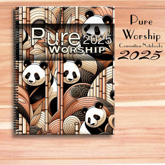 JW notebook . 2025 Regional Convention.”PURE WORSHIP ” program block ready notebook. 8.5 x 11 standard . Safe Coils. #5. Panda